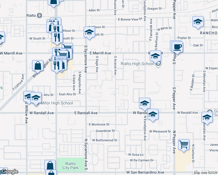 map of restaurants, bars, coffee shops, grocery stores, and more near 772 South Acacia Avenue in Rialto