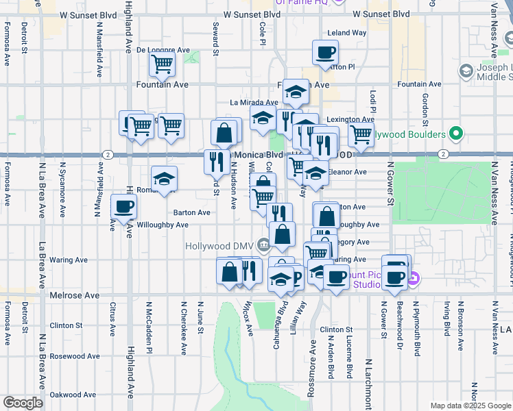 map of restaurants, bars, coffee shops, grocery stores, and more near 932 Wilcox Avenue in Los Angeles