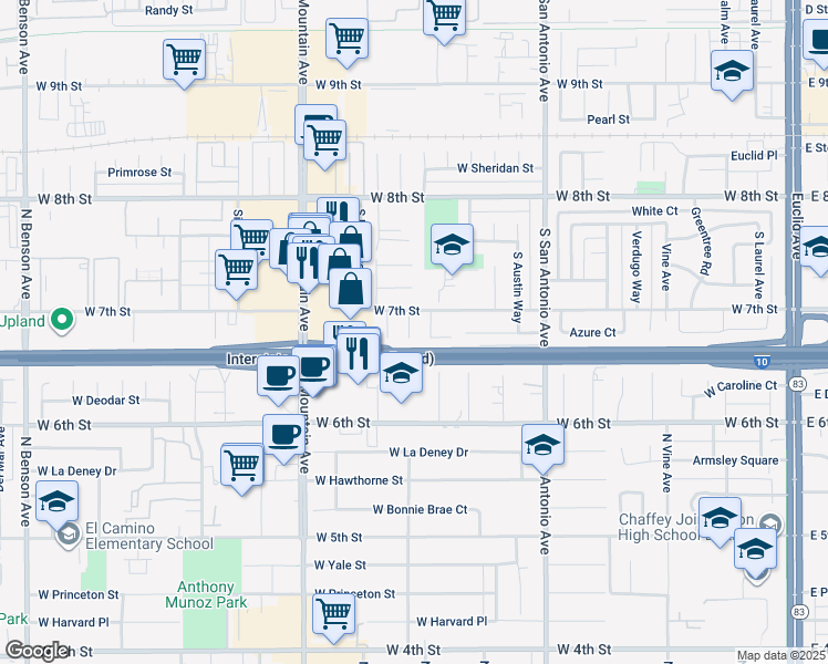 map of restaurants, bars, coffee shops, grocery stores, and more near 1040 West 7th Street in Upland
