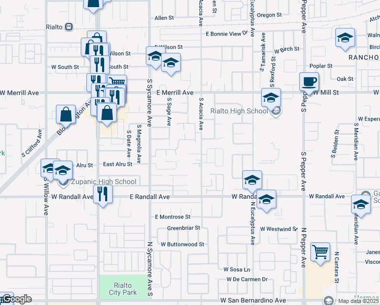 map of restaurants, bars, coffee shops, grocery stores, and more near 758 South Acacia Avenue in Rialto