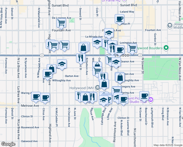 map of restaurants, bars, coffee shops, grocery stores, and more near 933 Wilcox Avenue in Los Angeles