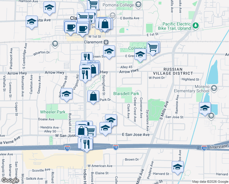 map of restaurants, bars, coffee shops, grocery stores, and more near 472 Saint Bonaventure Avenue in Claremont