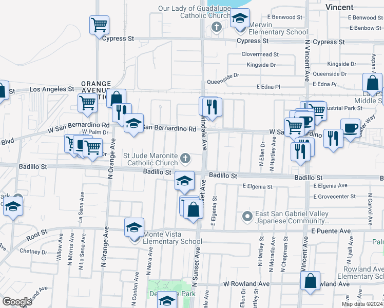 map of restaurants, bars, coffee shops, grocery stores, and more near 1402 West Village Lane in West Covina