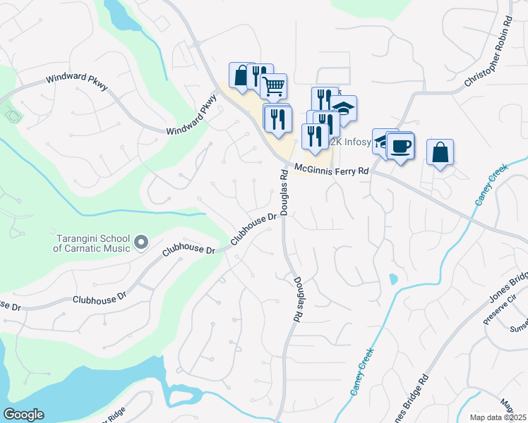 map of restaurants, bars, coffee shops, grocery stores, and more near 2425 Hamptons Passage in Alpharetta