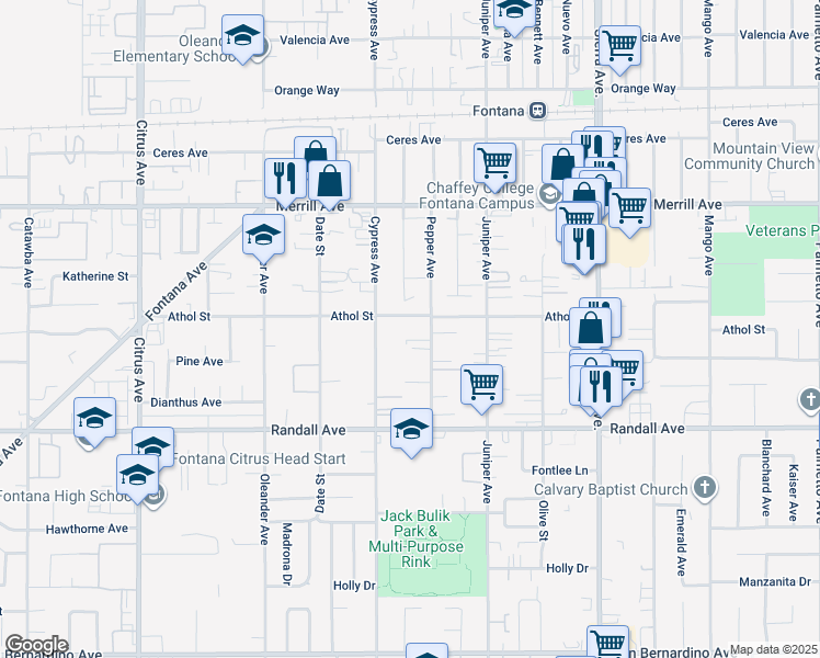 map of restaurants, bars, coffee shops, grocery stores, and more near 9158 Pepper Avenue in Fontana