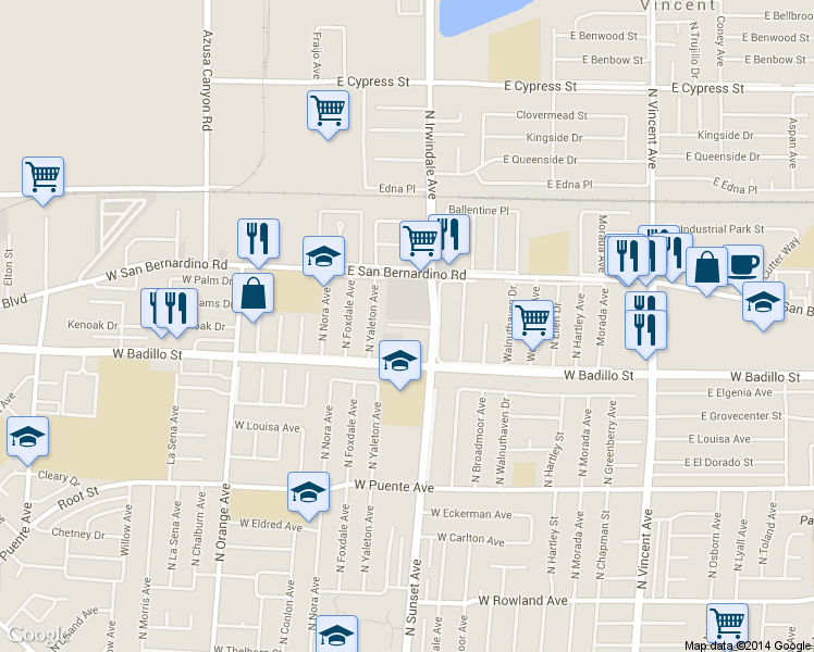 map of restaurants, bars, coffee shops, grocery stores, and more near 919 North Sunset Avenue in West Covina