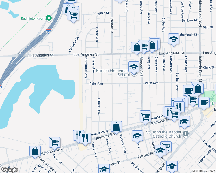 map of restaurants, bars, coffee shops, grocery stores, and more near 4163 Center Street in Baldwin Park