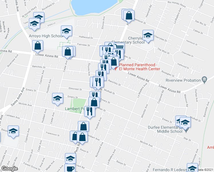 map of restaurants, bars, coffee shops, grocery stores, and more near 11616 Mulhall Street in El Monte