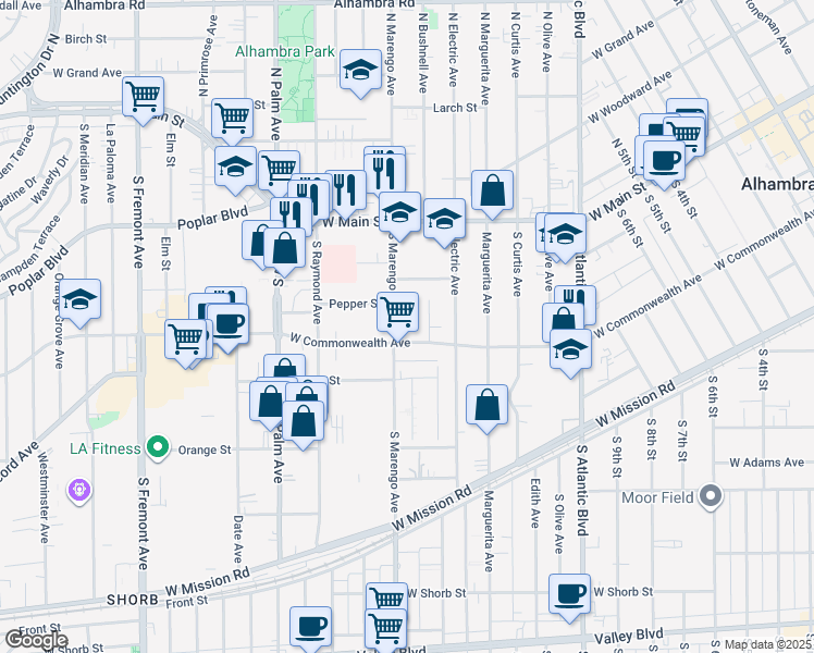 map of restaurants, bars, coffee shops, grocery stores, and more near 300 South Marengo Avenue in Alhambra