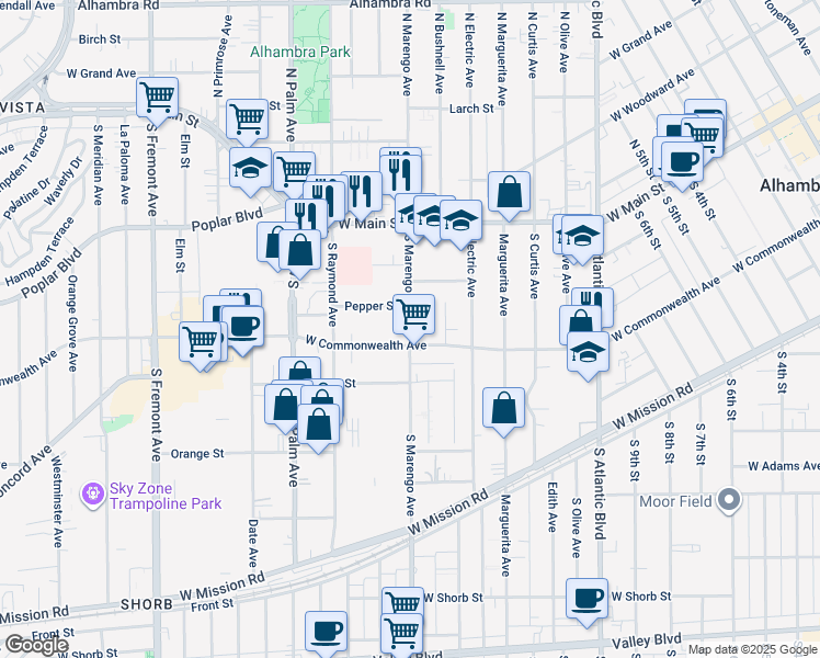 map of restaurants, bars, coffee shops, grocery stores, and more near 300 South Marengo Avenue in Alhambra