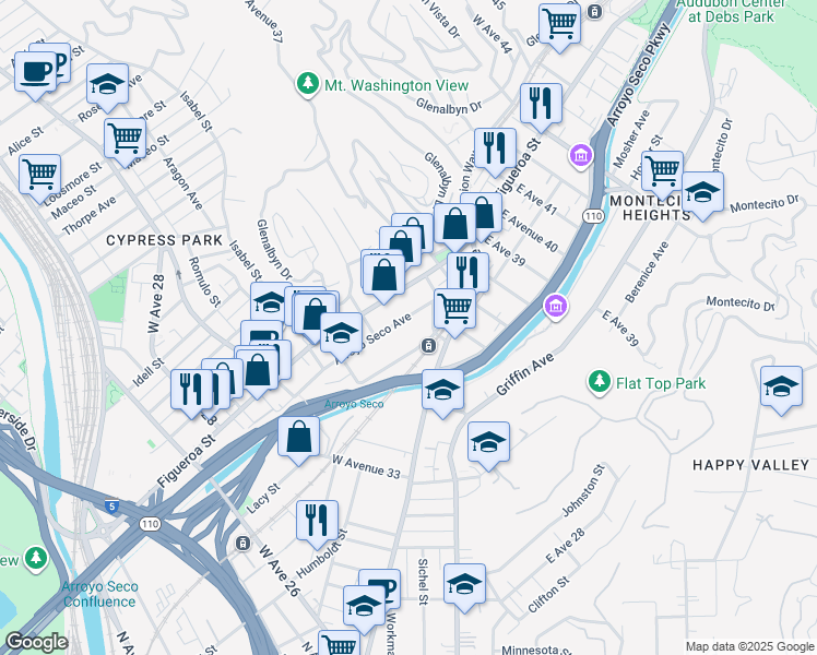 map of restaurants, bars, coffee shops, grocery stores, and more near 3531 1/2 Marmion Way in Los Angeles
