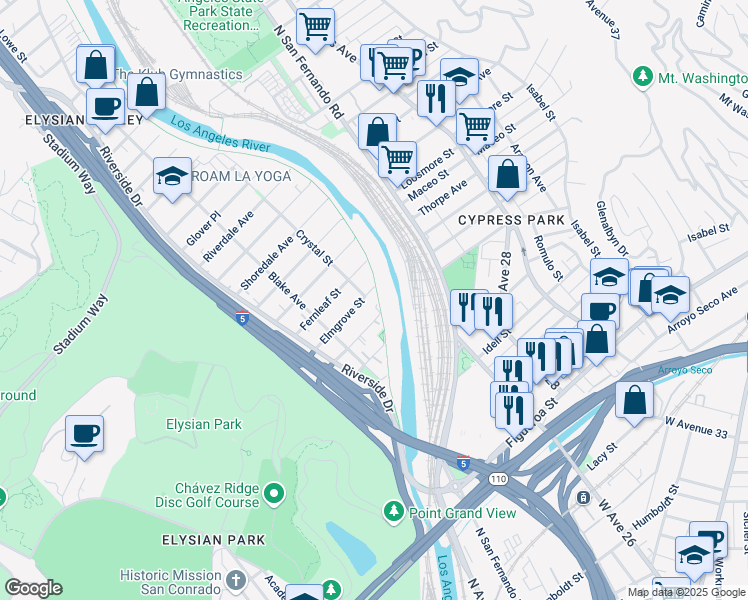 map of restaurants, bars, coffee shops, grocery stores, and more near 2338 Elmgrove Street in Los Angeles