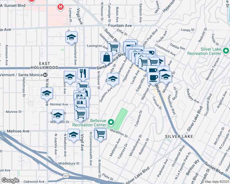 map of restaurants, bars, coffee shops, grocery stores, and more near 866 Hyperion Avenue in Los Angeles