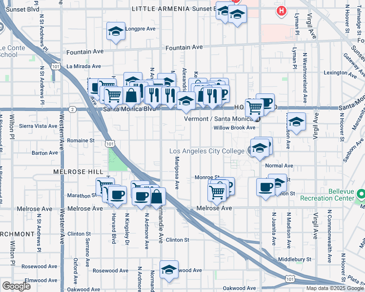 map of restaurants, bars, coffee shops, grocery stores, and more near 936 North Mariposa Avenue in Los Angeles