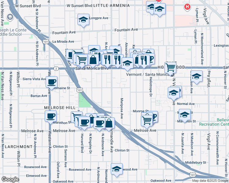 map of restaurants, bars, coffee shops, grocery stores, and more near 937 North Normandie Avenue in Los Angeles