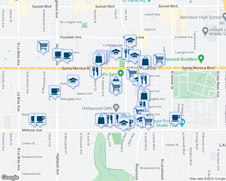 map of restaurants, bars, coffee shops, grocery stores, and more near 912 Wilcox Avenue in Los Angeles