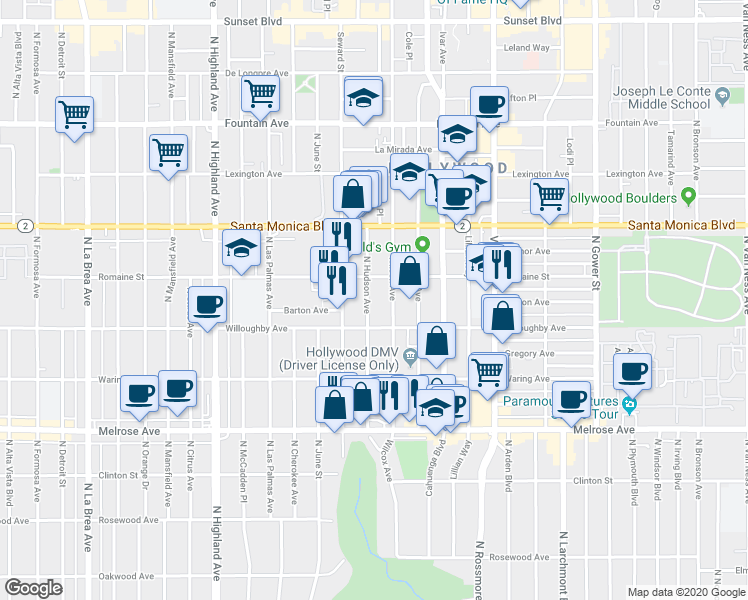 map of restaurants, bars, coffee shops, grocery stores, and more near 912 North Hudson Avenue in Los Angeles