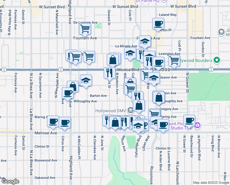 map of restaurants, bars, coffee shops, grocery stores, and more near 912 North Hudson Avenue in Los Angeles