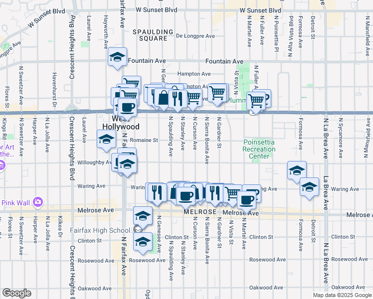 map of restaurants, bars, coffee shops, grocery stores, and more near 912 North Stanley Avenue in West Hollywood