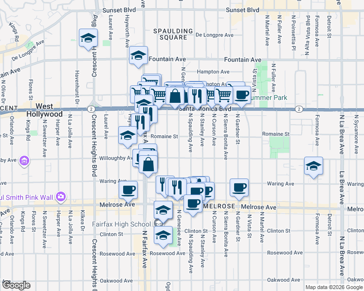 map of restaurants, bars, coffee shops, grocery stores, and more near 907 North Spaulding Avenue in West Hollywood