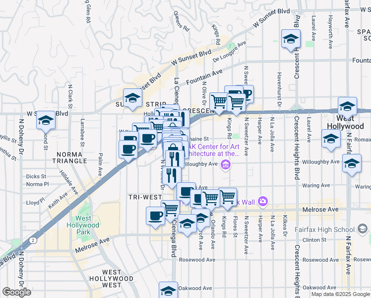 map of restaurants, bars, coffee shops, grocery stores, and more near 911 North Alfred Street in Los Angeles