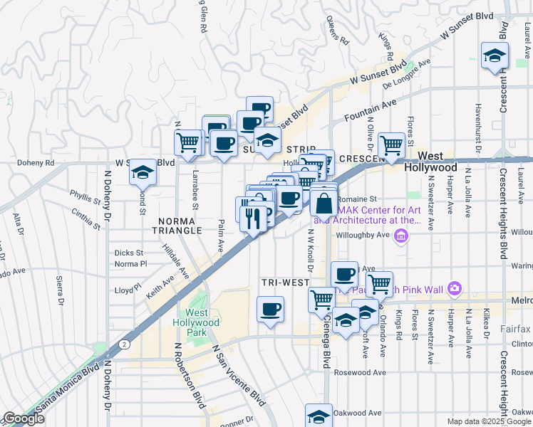 map of restaurants, bars, coffee shops, grocery stores, and more near 8707 Santa Monica Boulevard in West Hollywood