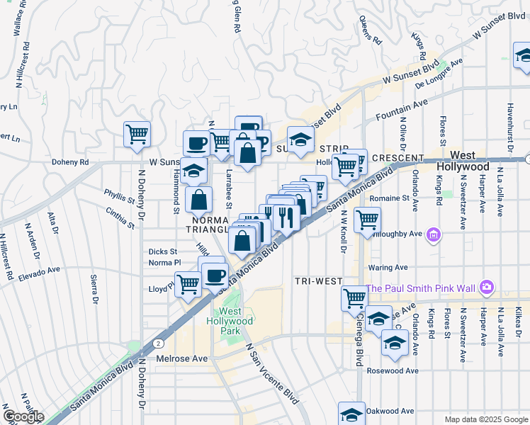 map of restaurants, bars, coffee shops, grocery stores, and more near 909 Palm Avenue in West Hollywood