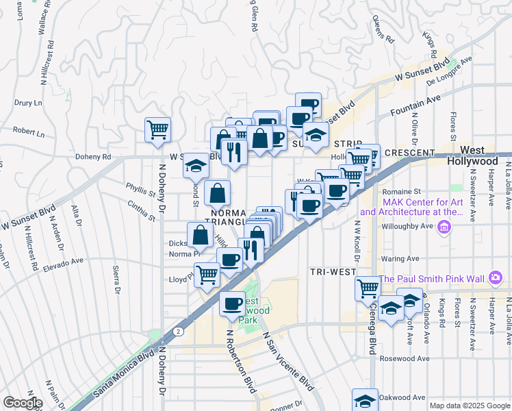 map of restaurants, bars, coffee shops, grocery stores, and more near 911 Larrabee Street in West Hollywood