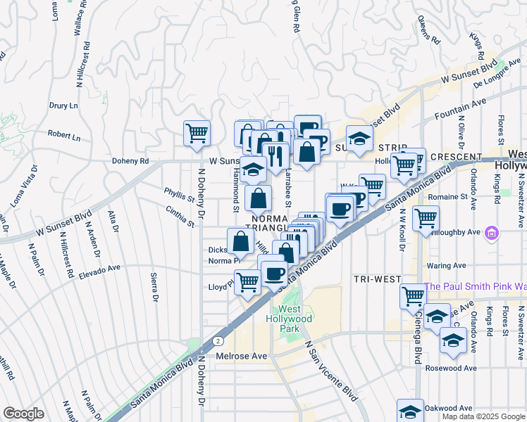map of restaurants, bars, coffee shops, grocery stores, and more near in West Hollywood