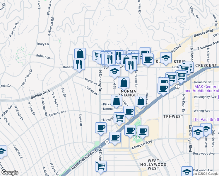 map of restaurants, bars, coffee shops, grocery stores, and more near 906 North Doheny Drive in West Hollywood