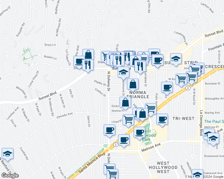 map of restaurants, bars, coffee shops, grocery stores, and more near 906 North Doheny Drive in West Hollywood