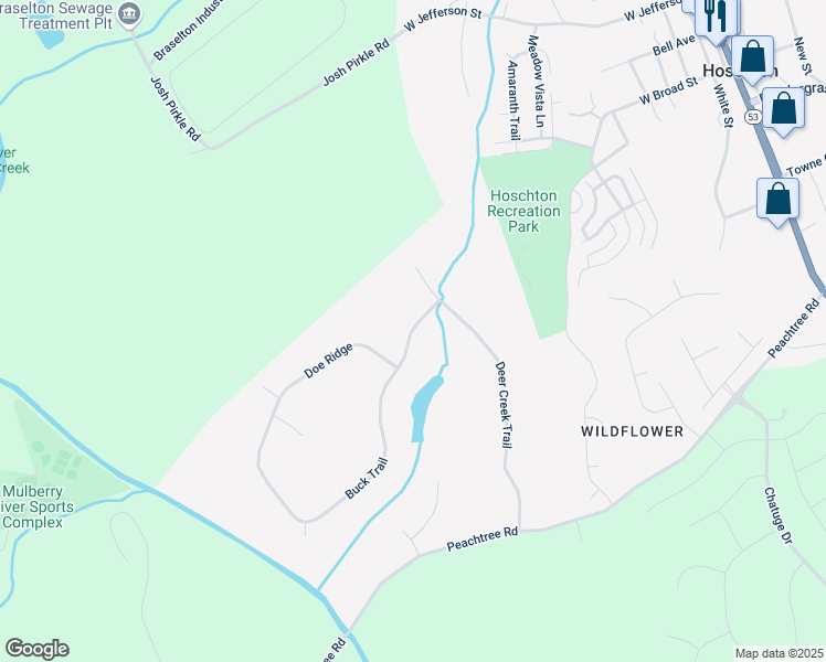 map of restaurants, bars, coffee shops, grocery stores, and more near 399 Buck Trail in Hoschton