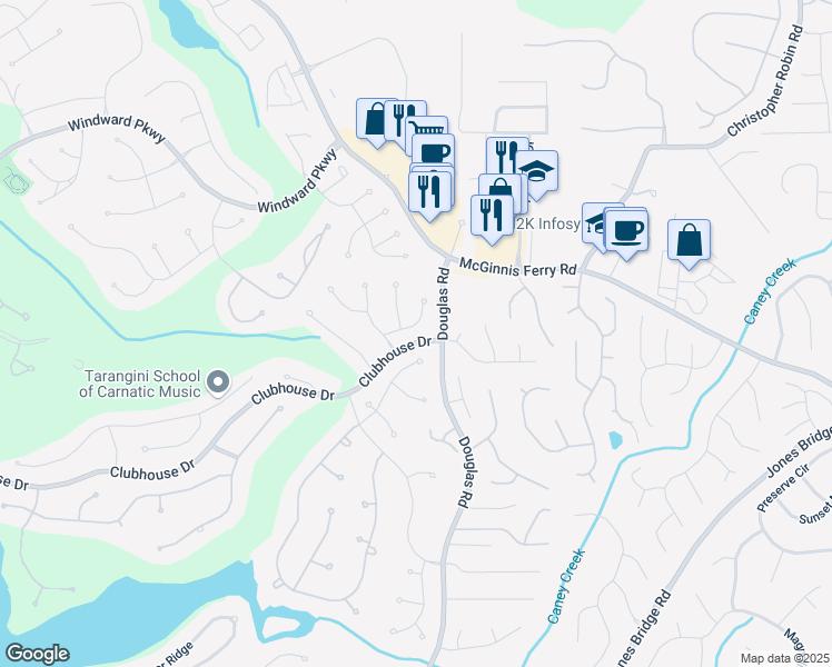 map of restaurants, bars, coffee shops, grocery stores, and more near 2425 Hamptons Passage in Alpharetta