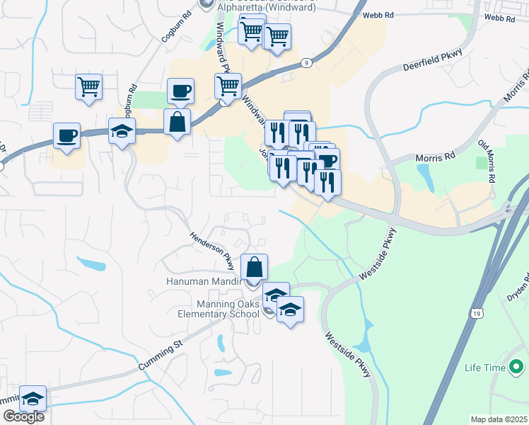 map of restaurants, bars, coffee shops, grocery stores, and more near 4027 Whitehall Way in Alpharetta