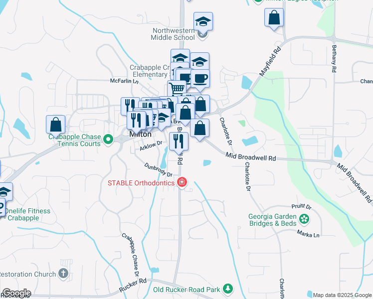 map of restaurants, bars, coffee shops, grocery stores, and more near 12575 Broadwell Road in Alpharetta