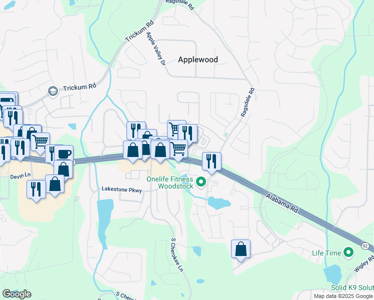 map of restaurants, bars, coffee shops, grocery stores, and more near 13035-13073 Alabama Road Northeast in Woodstock