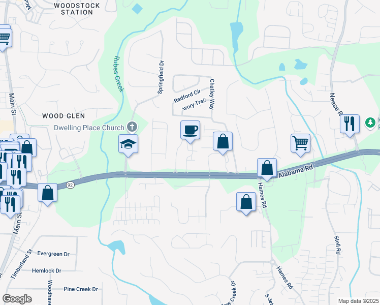 map of restaurants, bars, coffee shops, grocery stores, and more near 532 Walton Drive in Woodstock