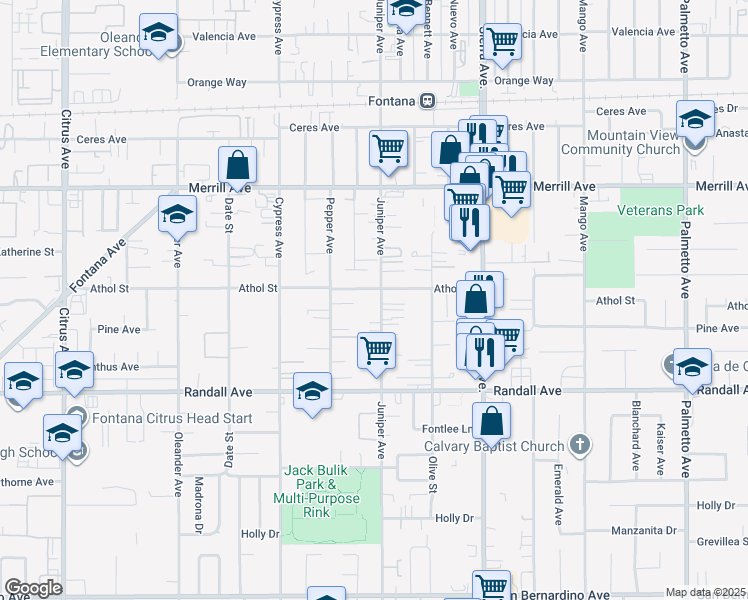 map of restaurants, bars, coffee shops, grocery stores, and more near 9120 Juniper Avenue in Fontana