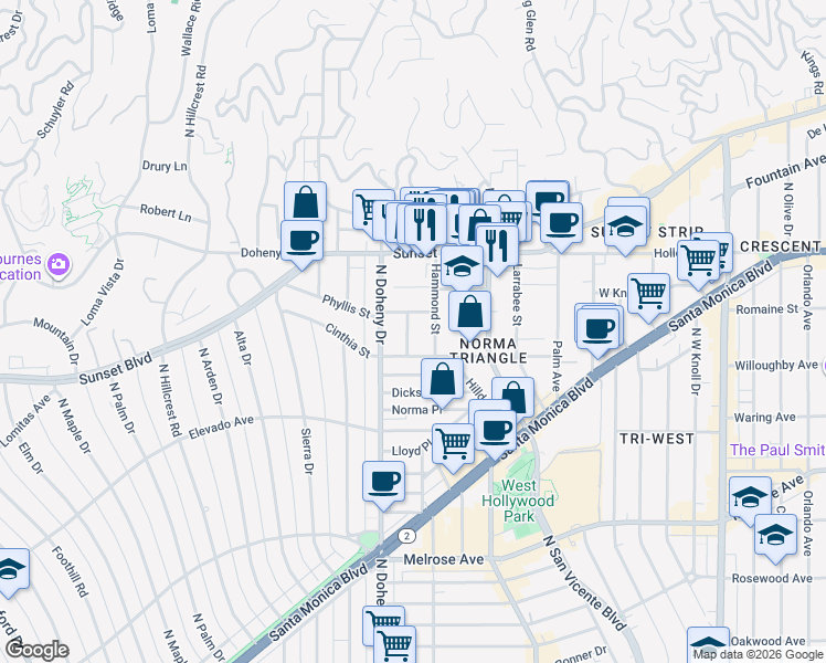 map of restaurants, bars, coffee shops, grocery stores, and more near 930 North Wetherly Drive in West Hollywood