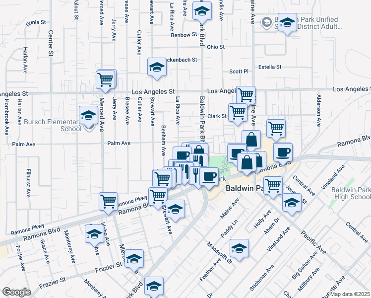 map of restaurants, bars, coffee shops, grocery stores, and more near 4148 La Rica Avenue in Baldwin Park
