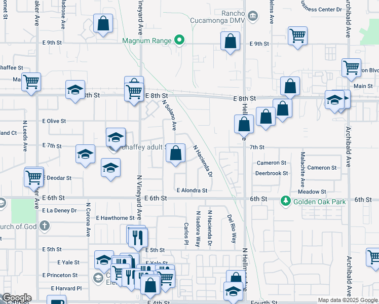 map of restaurants, bars, coffee shops, grocery stores, and more near 2050 Sycamore Court in Ontario