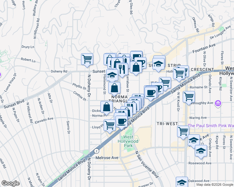 map of restaurants, bars, coffee shops, grocery stores, and more near 929 North San Vicente Boulevard in West Hollywood