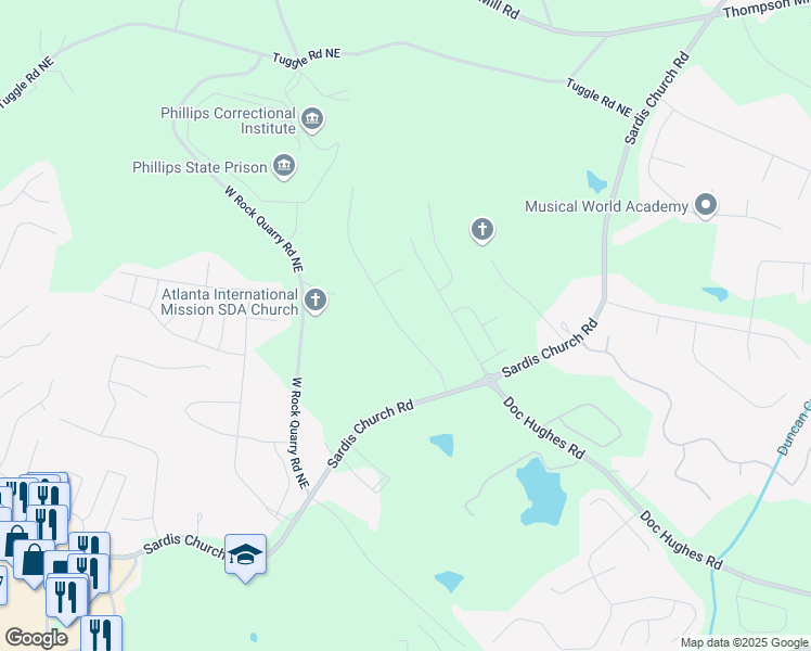 map of restaurants, bars, coffee shops, grocery stores, and more near 2631 Sardis Way in Buford