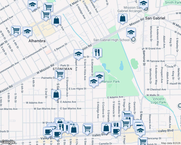 map of restaurants, bars, coffee shops, grocery stores, and more near 731 South Almansor Street in Alhambra