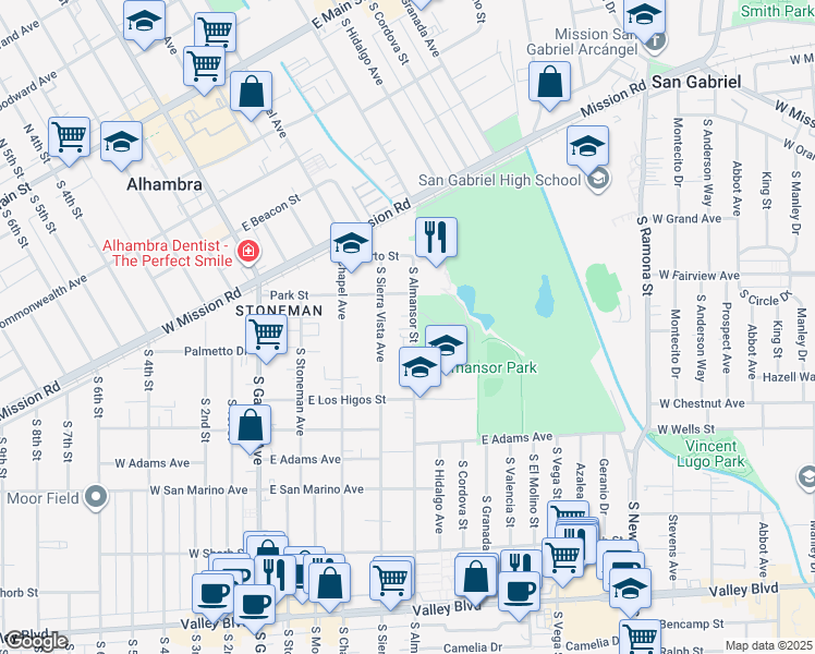 map of restaurants, bars, coffee shops, grocery stores, and more near 751 South Almansor Street in Alhambra