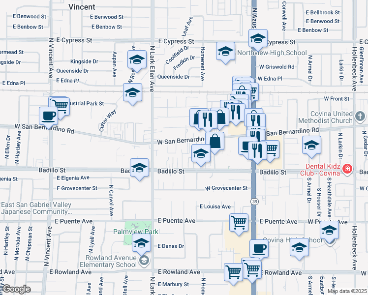 map of restaurants, bars, coffee shops, grocery stores, and more near 1170 West San Bernardino Road in Covina