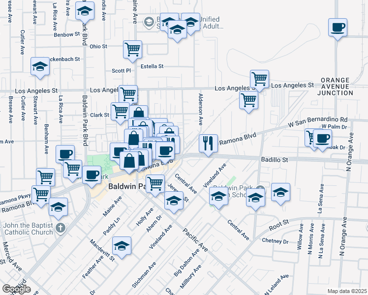 map of restaurants, bars, coffee shops, grocery stores, and more near 4143 Downing Avenue in Baldwin Park