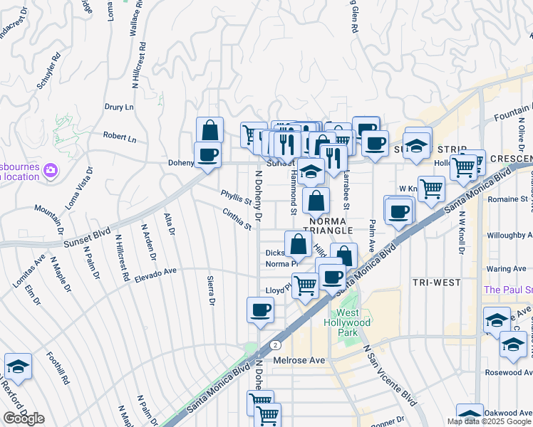 map of restaurants, bars, coffee shops, grocery stores, and more near 930 North Doheny Drive in West Hollywood