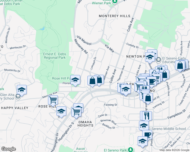 map of restaurants, bars, coffee shops, grocery stores, and more near 4631 Paula Street in Los Angeles