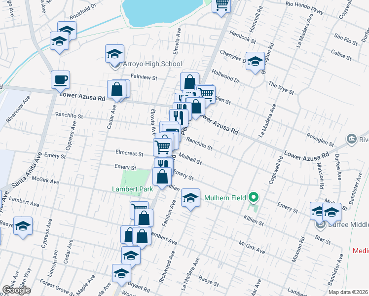 map of restaurants, bars, coffee shops, grocery stores, and more near 11616 Mulhall Street in El Monte